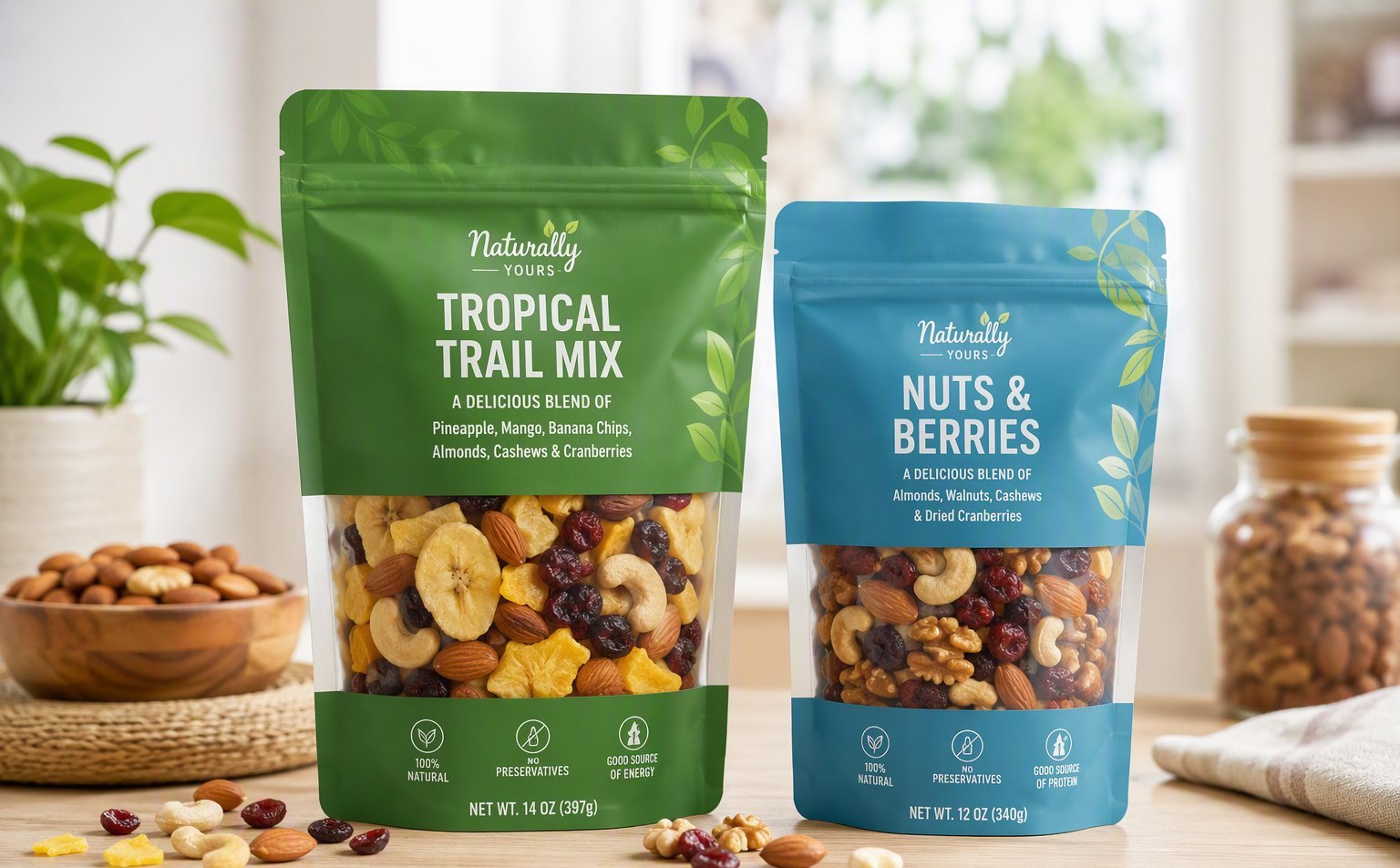 Food-grade flexible pouches arranged beside fresh produce
