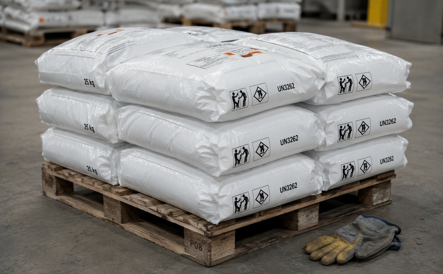Heavy-duty recycled bags and film rolls stacked on pallets in a warehouse