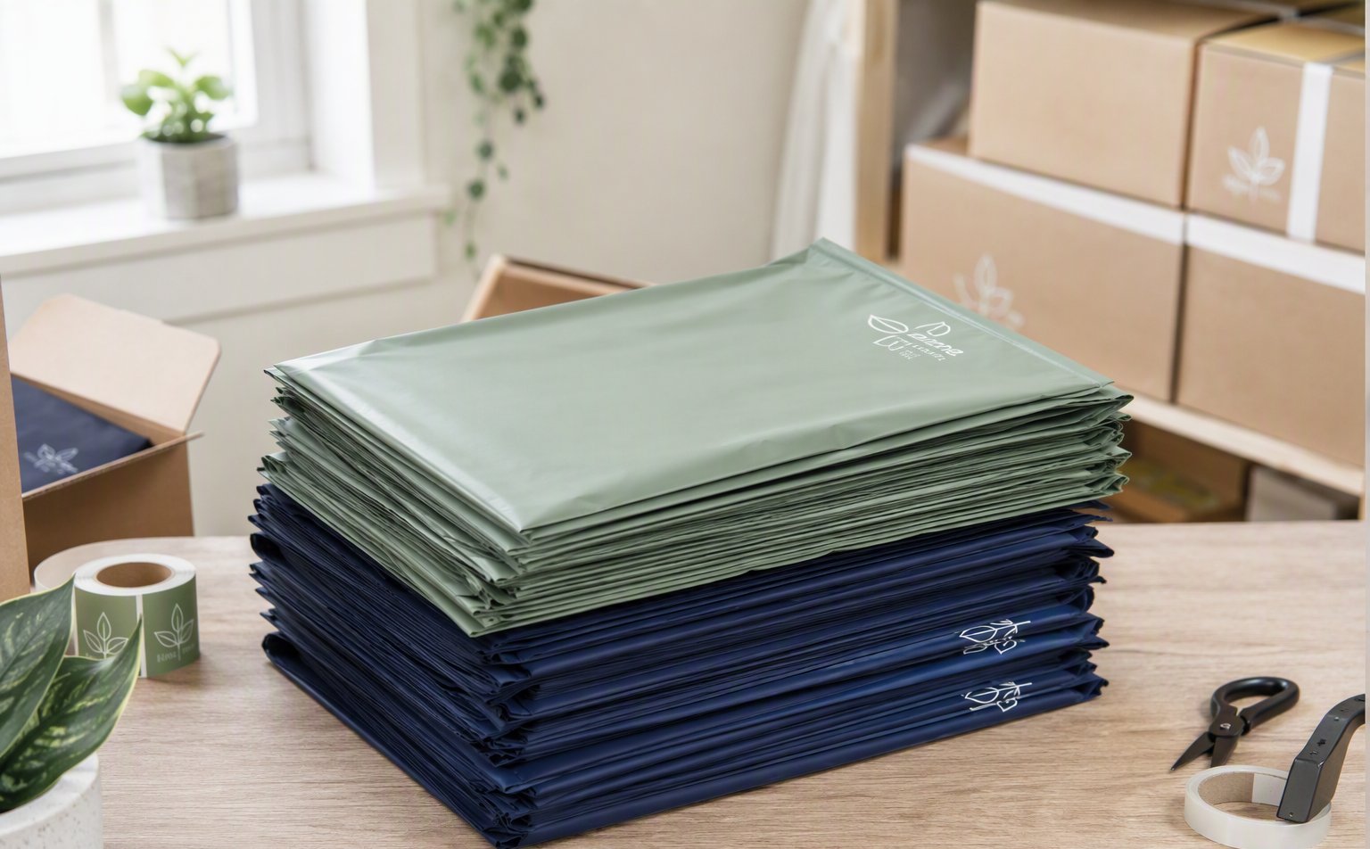 Grey recycled poly mailers stacked beside a fulfilment packing station