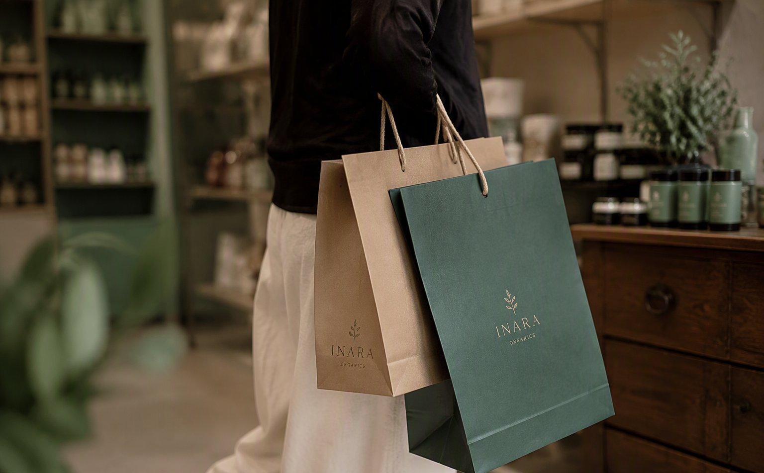 Printed recycled shopping bag standing on a retail checkout counter