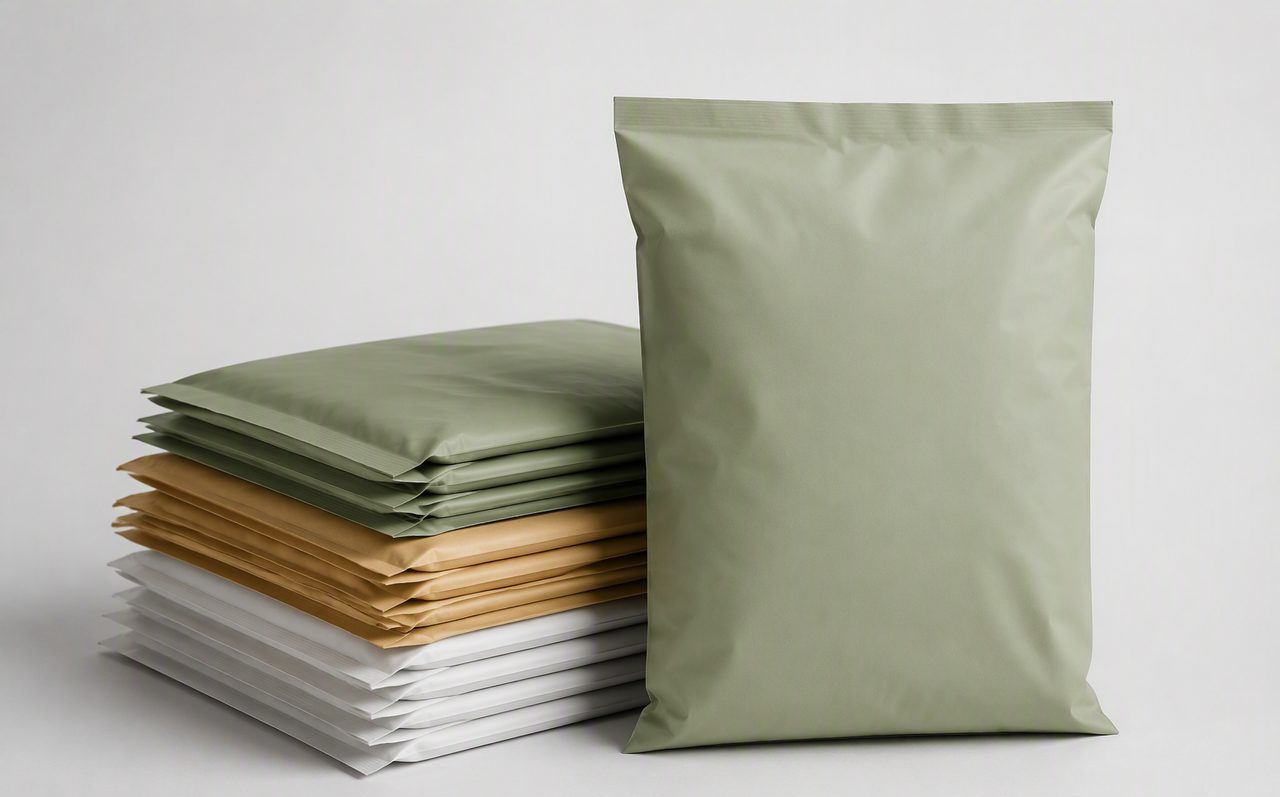 Stack of recycled poly mailer bags in sage green, kraft and white