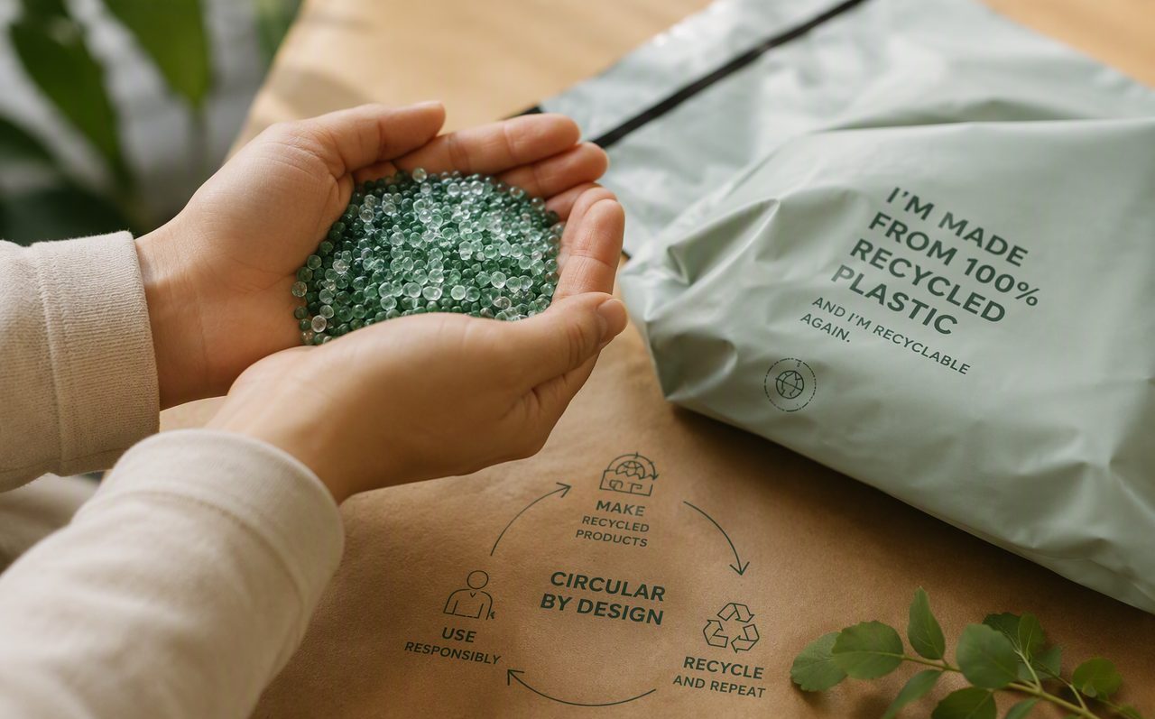 Recycled plastic pellets and a recycled poly mailer — circular economy materials